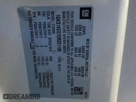 2013 GMC Yukon XL SLT with VIN 1GKS1KE07DR261108, listed as a Copart auction lot 89375335 with 107,940 mi miles and Salvage Title. Bid and sale history available at DreamBid. Image 13.