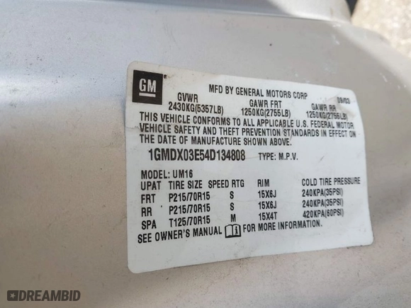 2004 Pontiac Montana w/1SA Pkg with VIN 1GMDX03E54D134808, listed as a IAAI auction lot 41853897 with 174,367 mi miles. Bid and sale history available at carsss.com. Image 9.