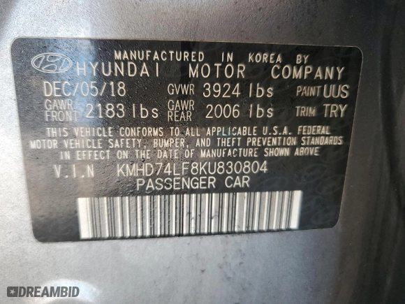 2019 Hyundai Elantra SE with VIN KMHD74LF8KU830804, listed as a Copart auction lot 48101735 with 69,021 mi miles and Salvage Title. Bid and sale history available at carsss.com. Image 13.