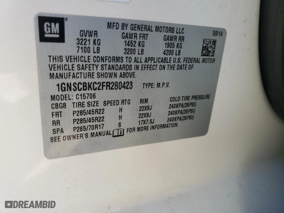 2015 Chevrolet Tahoe LT with VIN 1GNSCBKC2FR280423, listed as a Copart auction lot 87492524 with 144,648 mi miles and Salvage Title. Bid and sale history available at carsss.com. Image 16.