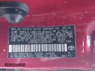 2012 Toyota Prius One with VIN JTDKN3DU1C5429857, listed as a IAAI auction lot 41072254 with 107,418 mi miles. Bid and sale history available at carsss.com. Image 9.