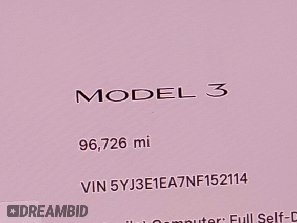 2022 Tesla Model 3 with VIN 5YJ3E1EA7NF152114, listed as a IAAI auction lot 42097399 with 96,726 mi miles. Bid and sale history available at carsss.com. Image 16.