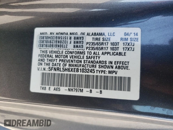 2014 Honda Odyssey EX-L with VIN 5FNRL5H6XEB103245, listed as a Copart auction lot 52554495 with 228,175 mi miles and Salvage Title. Bid and sale history available at DreamBid. Image 13.