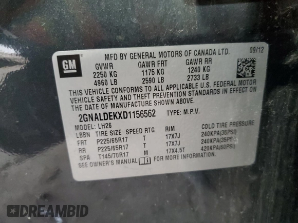 2013 Chevrolet Equinox LT with VIN 2GNALDEKXD1156562, listed as a Copart auction lot 49427685 with 103,492 mi miles and Clean Title. Bid and sale history available at DreamBid. Image 14.