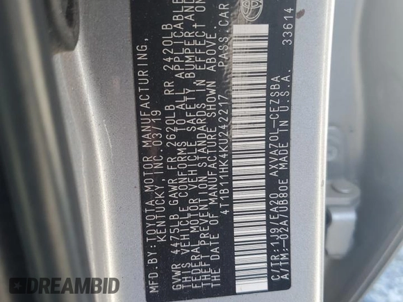 2019 Toyota Camry LE with VIN 4T1B11HK4KU242217, listed as a Copart auction lot 52715165 with 62,085 mi miles and Salvage Title. Bid and sale history available at carsss.com. Image 12.