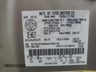2010 Ford F-150 XL with VIN 1FTEW1E88AFD58115, listed as a Copart auction lot 62996725 with 179,894 mi miles and Clean title. Bid and sale history available at DreamBid. Image 13.