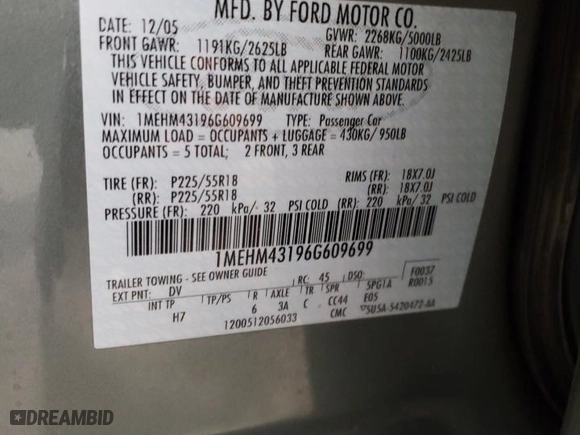 2006 Mercury Montego Premier with VIN 1MEHM43196G609699, listed as a Copart auction lot 84913734 with 84,900 mi miles and Salvage Title. Bid and sale history available at carsss.com. Image 12.