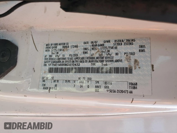 2008 Ford Econoline Cargo Commercial with VIN 1FTNE14W08DA10432, listed as a Copart auction lot 58215805 with 314,145 mi miles and Salvage title. Bid and sale history available at DreamBid. Image 12.