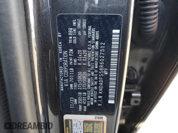 2024 Kia EV9 Land with VIN KNDADFS58R6027512, listed as a Copart auction lot 47490615 with 6,008 mi miles and Salvage Title. Bid and sale history available at carsss.com. Image 12.