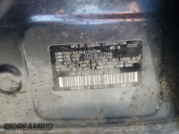 2021 Subaru WRX Premium with VIN JF1VA1F60M8804008, listed as a Copart auction lot 58749855 with Not provided miles and Salvage title. Bid and sale history available at DreamBid. Image 12.