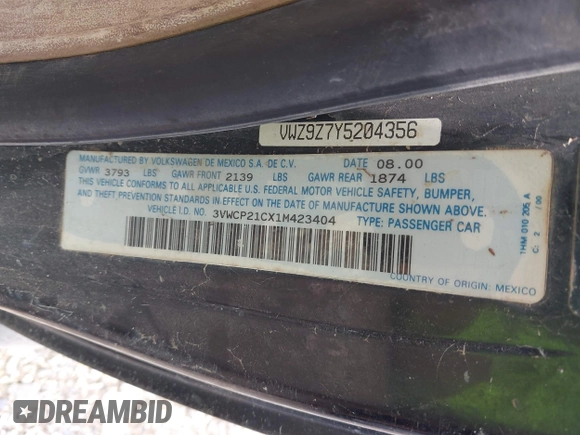 2001 Volkswagen Beetle GLS with VIN 3VWCP21CX1M423404, listed as a IAAI auction lot 42474548 with Not provided miles and . Bid and sale history available at DreamBid. Image 9.