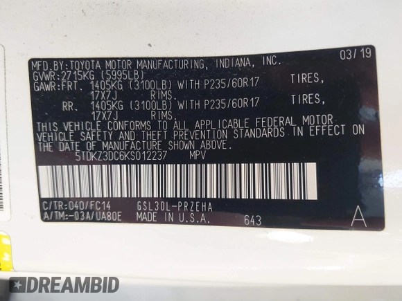 2019 Toyota Sienna LE Auto Access Seat with VIN 5TDKZ3DC6KS012237, listed as a IAAI auction lot 41822942 with 97,237 mi miles and . Bid and sale history available at DreamBid. Image 9.