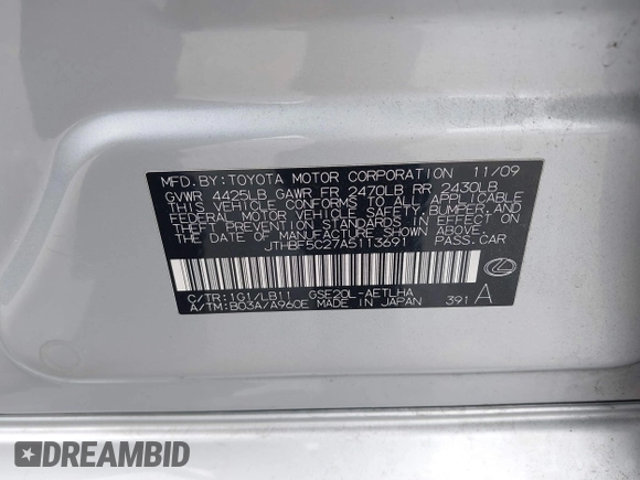 2010 Lexus IS 250 with VIN JTHBF5C27A5113691, listed as a IAAI auction lot 42441677 with Not provided miles and . Bid and sale history available at DreamBid. Image 9.