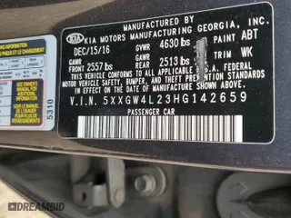 2017 Kia Optima SX with VIN 5XXGW4L23HG142659, listed as a Copart auction lot 44460755 with 0 mi miles and Salvage Title. Bid and sale history available at carsss.com. Image 14.
