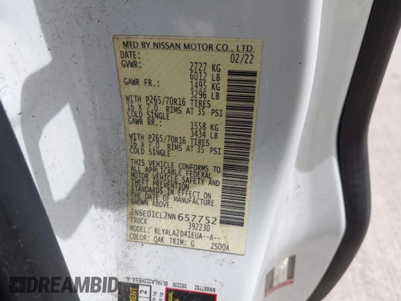 2022 Nissan Frontier S with VIN 1N6ED1CL2NN657752, listed as a IAAI auction lot 41773935 with 75,677 mi miles and . Bid and sale history available at DreamBid. Image 9.