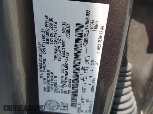 2018 Ford F-150 XL with VIN 1FTEW1EP1JFD62482, listed as a Copart auction lot 56378635 with 56,017 mi miles and Salvage title. Bid and sale history available at DreamBid. Image 12.