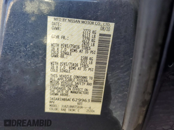 2010 Nissan Pathfinder LE with VIN 5N1AR1NB6AC629963, listed as a Copart auction lot 55097205 with 137,061 mi miles and Salvage title. Bid and sale history available at DreamBid. Image 12.