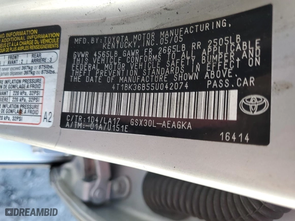 2005 Toyota Avalon XL with VIN 4T1BK36B55U042074, listed as a Copart auction lot 46885985 with NaN miles and Salvage Title. Bid and sale history available at carsss.com. Image 12.