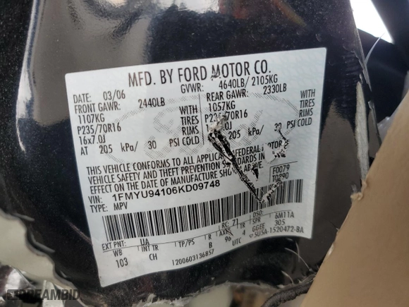 2006 Ford Escape Limited with VIN 1FMYU94106KD09748, listed as a Copart auction lot 44041745 with 0 mi miles and Non Repairable. Bid and sale history available at carsss.com. Image 13.