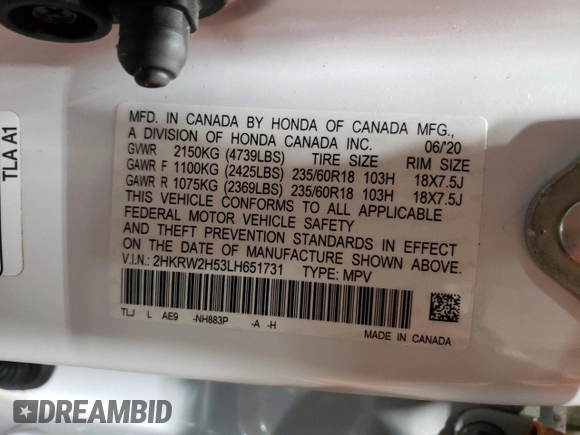 2020 Honda CR-V EX with VIN 2HKRW2H53LH651731, listed as a Copart auction lot 55991695 with 90,450 mi miles and Salvage Title. Bid and sale history available at DreamBid. Image 13.