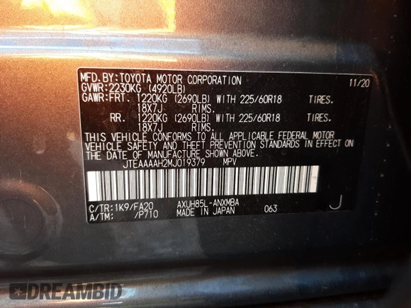 2021 Toyota Venza LE with VIN JTEAAAAH2MJ019379, listed as a Copart auction lot 37449413 with 13,483 mi miles. Bid and sale history available at carsss.com. Image 13.