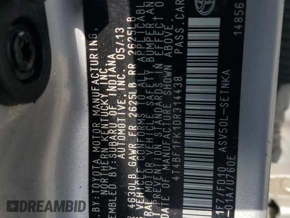 2013 Toyota Camry L with VIN 4T4BF1FK1DR314438, listed as a Copart auction lot 53819025 with 47,966 mi miles and Salvage Title. Bid and sale history available at carsss.com. Image 12.