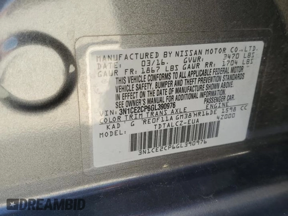 2016 Nissan Note S with VIN 3N1CE2CP6GL390976, listed as a Copart auction lot 51844795 with 92,680 mi miles and Salvage Title. Bid and sale history available at DreamBid. Image 12.