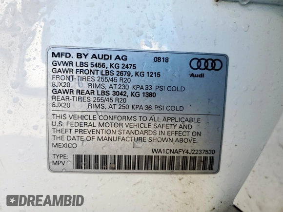 2018 Audi Q5 Prestige with VIN WA1CNAFY4J2237530, listed as a Copart auction lot 48306945 with 55,479 mi miles and Salvage Title. Bid and sale history available at DreamBid. Image 13.
