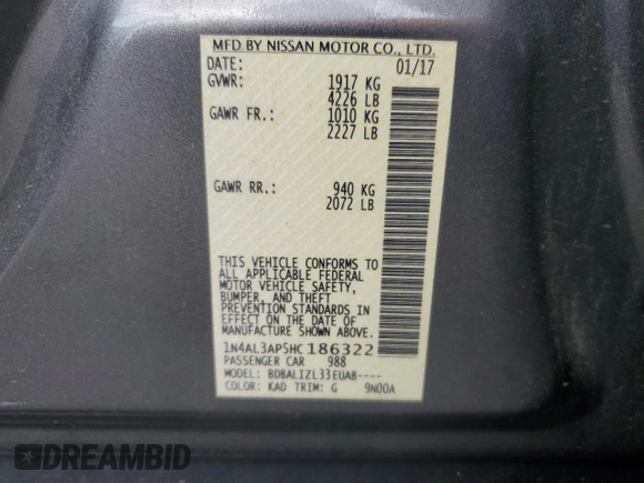 2017 Nissan Altima S with VIN 1N4AL3AP5HC186322, listed as a Copart auction lot 56395185 with 114,844 mi miles and Salvage title. Bid and sale history available at DreamBid. Image 12.