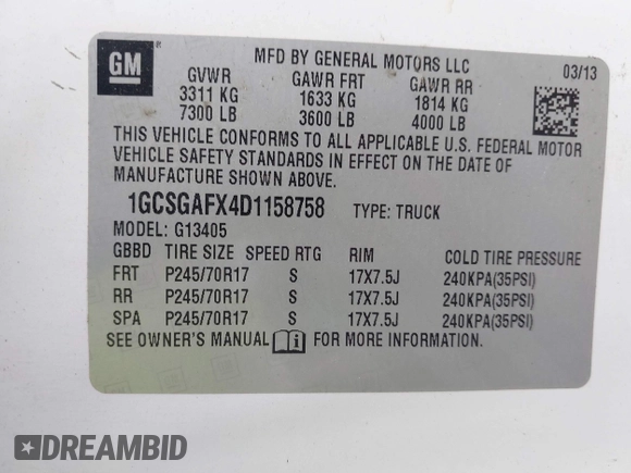 2013 Chevrolet Express Cargo with VIN 1GCSGAFX4D1158758, listed as a IAAI auction lot 42500173 with 235,408 mi miles and . Bid and sale history available at DreamBid. Image 9.