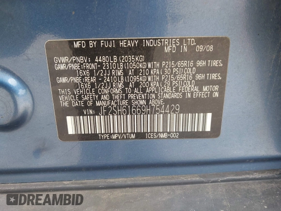2009 Subaru Forester X with VIN JF2SH61669H754429, listed as a IAAI auction lot 42409393 with 160,057 mi miles and . Bid and sale history available at DreamBid. Image 9.