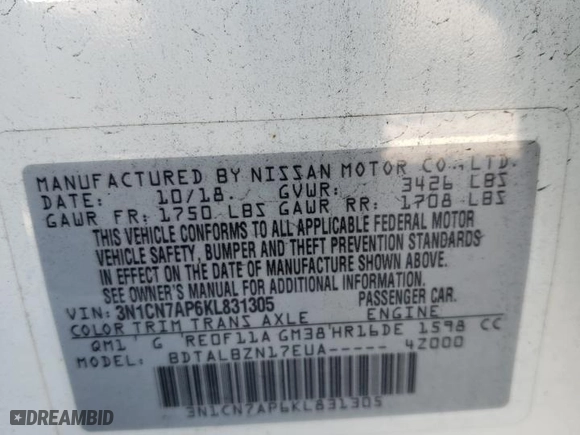 2019 Nissan Versa Sedan SV with VIN 3N1CN7AP6KL831305, listed as a Copart auction lot 49953585 with 130,455 mi miles and Salvage Title. Bid and sale history available at carsss.com. Image 12.