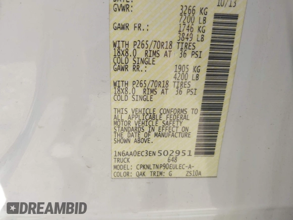 2014 Nissan Titan S with VIN 1N6AA0EC3EN502951, listed as a IAAI auction lot 41956309 with 128,464 mi miles and . Bid and sale history available at DreamBid. Image 9.