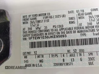 2018 Ford F-150 XL with VIN 1FTEW1E50JKE95093, listed as a IAAI auction lot 41944743 with 92,129 mi miles. Bid and sale history available at carsss.com. Image 9.