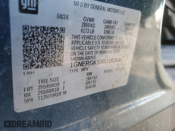 2024 Chevrolet Traverse FWD LT with VIN 1GNERGKSXRJ163840, listed as a Copart auction lot 84730324 with Not provided miles and Salvage title. Bid and sale history available at DreamBid. Image 13.