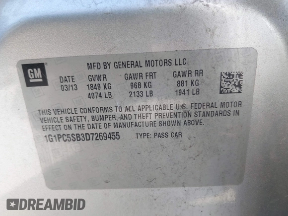 2013 Chevrolet Cruze 1LT with VIN 1G1PC5SB3D7269455, listed as a IAAI auction lot 41770161 with 141,940 mi miles and . Bid and sale history available at DreamBid. Image 9.