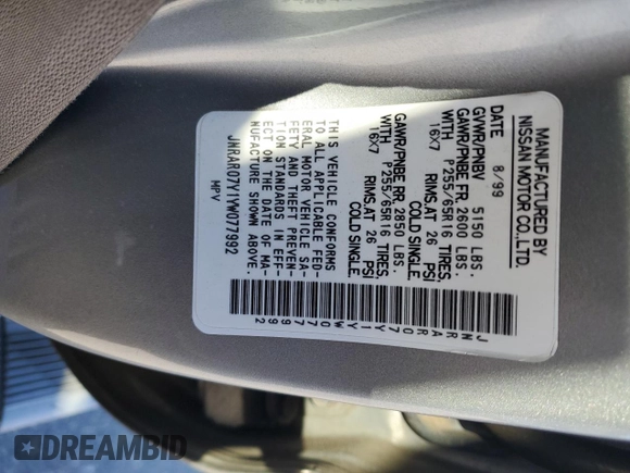 2000 Infiniti QX4 with VIN JNRAR07Y1YW077992, listed as a Copart auction lot 45572015 with 202,385 mi miles and Salvage Title. Bid and sale history available at DreamBid. Image 13.