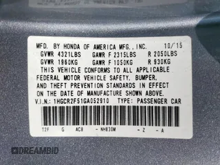 2016 Honda Accord Sport with VIN 1HGCR2F51GA052910, listed as a Copart auction lot 59615995 with 161,452 mi miles and Salvage title. Bid and sale history available at DreamBid. Image 13.
