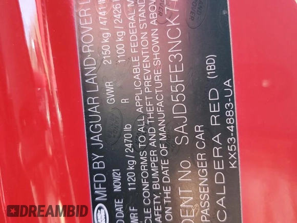 2022 Jaguar F-Type with VIN SAJD55FE3NCK77770, listed as a Copart auction lot 48916255 with Not Provided miles and Salvage Title. Bid and sale history available at DreamBid. Image 12.