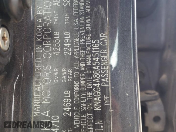 2010 Kia Optima LX z VIN KNAGG4A86A5451165, wystawiony jako Copart lot #52763415 z przebiegiem 213 958 mil mil oraz Szkoda całkowita • Salvage title. Historia ofert i sprzedaży dostępna na DreamBid. Obrazek 12.