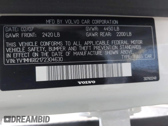 2007 Volvo S40 2.5L Turbo with VIN YV1MH682172304630, listed as a IAAI auction lot 41341542 with 133,594 mi miles. Bid and sale history available at carsss.com. Image 9.