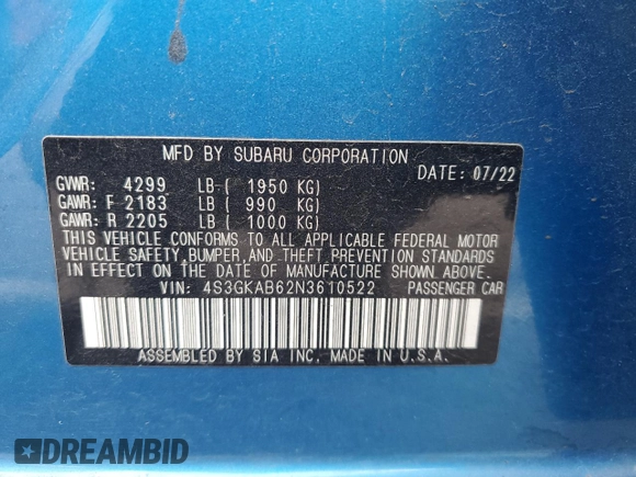 2022 Subaru Impreza with VIN 4S3GKAB62N3610522, listed as a Copart auction lot 62023365 with 43,292 mi miles and Salvage title. Bid and sale history available at DreamBid. Image 12.