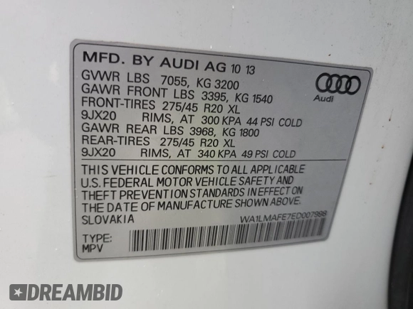 2014 Audi Q7 Premium Plus z VIN WA1LMAFE7ED007998, wystawiony jako Copart lot #65349044 z przebiegiem Nie podano mil oraz Nie do naprawy • Non repairable. Historia ofert i sprzedaży dostępna na DreamBid. Obrazek 14.