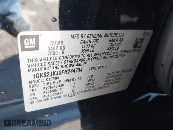 2015 GMC Yukon XL Denali with VIN 1GKS2JKJ9FR244754, listed as a IAAI auction lot 39706952 with 94,917 mi miles. Bid and sale history available at carsss.com. Image 9.