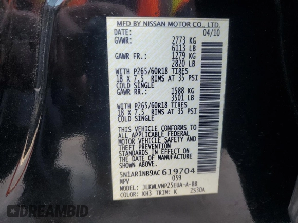 2010 Nissan Pathfinder LE with VIN 5N1AR1NB9AC619704, listed as a Copart auction lot 78833414 with 132,664 mi miles and Salvage title. Bid and sale history available at DreamBid. Image 15.