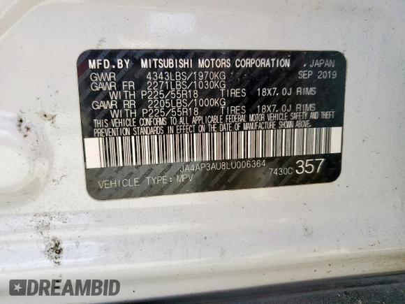 2020 Mitsubishi Outlander ES with VIN JA4AP3AU8LU006364, listed as a Copart auction lot 60741645 with 36,291 mi miles and Salvage title. Bid and sale history available at DreamBid. Image 14.