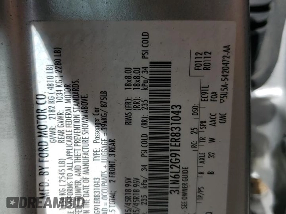 2014 Lincoln MKZ z VIN 3LN6L2G91ER831043, wystawiony jako Copart lot #63109715 z przebiegiem Nie podano mil oraz Szkoda całkowita • Salvage title. Historia ofert i sprzedaży dostępna na DreamBid. Obrazek 13.