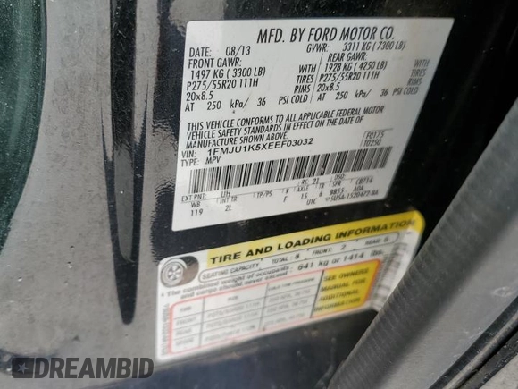 2014 Ford Expedition Limited with VIN 1FMJU1K5XEEF03032, listed as a Copart auction lot 47175165 with 154,575 mi miles and Salvage title. Bid and sale history available at DreamBid. Image 13.