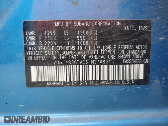 2022 Subaru Impreza Premium with VIN 4S3GTAD61N3708015, listed as a Copart auction lot 44460565 with 22,262 mi miles and Salvage title. Bid and sale history available at DreamBid. Image 12.