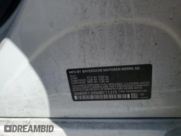 2021 BMW 3 Series 330i xDrive with VIN 3MW5R7J06M8C11375, listed as a Copart auction lot 49485275 with 55,146 mi miles and Salvage Title. Bid and sale history available at DreamBid. Image 14.